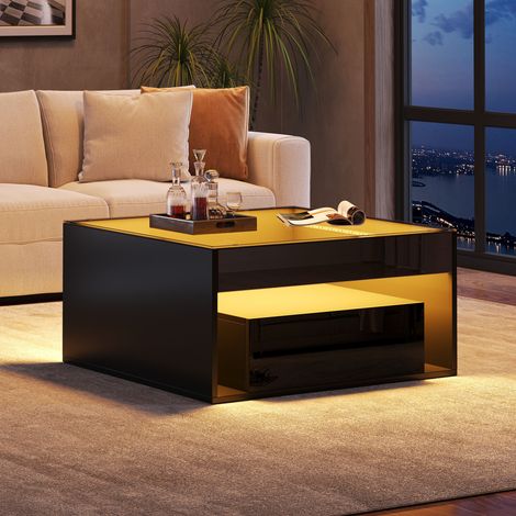 Table basse 70x70x35 cm, table d'appoint avec 2 tiroirs, table de salon design ajouré, table en verre trempé noir avec LED, meuble polyvalent pour salon et bureau. (1/5)
