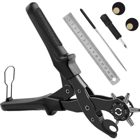 Kit de pince à perforer rotative Diyife® pour cuir, ceinture et ceinture, comprenant une aiguille de meulage supplémentaire, des plaques de perforation, une règle et 6 tailles de trous marquées. (1/5)