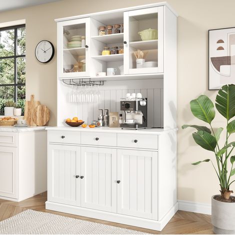 Buffetschrank 120/40/191 cm in Weiß mit Glastüren, Gläserhalter, Steckdosen und USB
