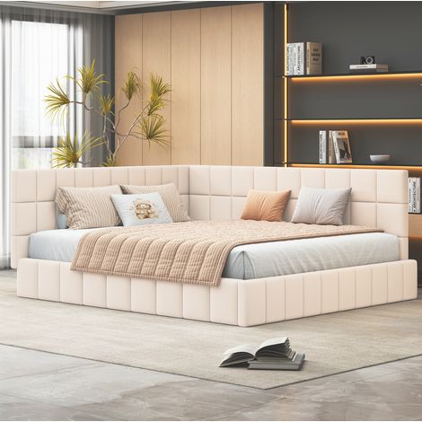 Sofá cama tapizado beige 160x200 cm con somier de láminas y respaldo intercambiable (1/5)