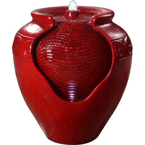 Teamson Home Garden Water Feature with Lights, Outdoor Tiered Small, Red Pot Water Fountain, Indoor Cascading Waterfall & Pump Ornament, Patio Decor