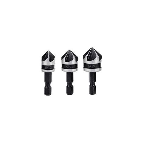 3PCS Fraises à Chanfreiner 90 Degrés 5 Flûte Fraise Conique à Noyer 12mm/16mm/19mm Fraise Bois 1/4" Hex Foret Fraisage Bois en Acier au Carbone Coupe de Chanfreinage de Bois