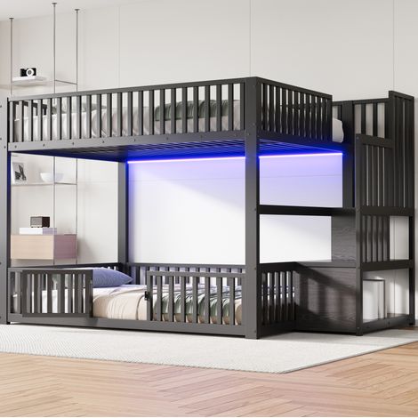 Lit superposé 140x200 cm avec LED et échelle de rangement, en métal, noir, sans matelas (1/5)