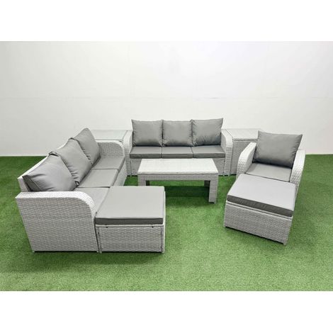 Fimous 9 Seater Poly Rattan Outdoor Garden Furniture Oblong Coffee Table Sofa Set Patio 3 Seater Sofa Reclining Chair 3 Seater Sofa 2 Big Footstools 2 Side Table Light Grey (1/4)