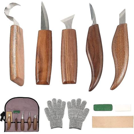 Set aus 10 Holzschnitzwerkzeugen aus Kohlenstoffstahl mit Hakenmesser, professionelle Holzgravurwerkzeuge für die Holzbearbeitung. (1/5)