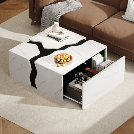 Table basse de salon, 70 x 70 x 31 cm,Design géométrique cubique,Table d'appoint avec tiroir,Table plaquée marbre de forme unique,table basse, table de rangement, table de jeu (1/5)