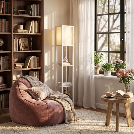 Lampadaire Étagère Blanc, Lampe sur Pied de Salon Bureau MDF Hauteur 1.6m, 3 Étagères, Douille E27 Sans Ampoule, Interrupteur à Tirette, Éclairage de Salon Chambre Bureau (1/5)