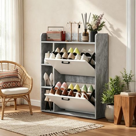 Zapatero 83x24x90,5 cm de aglomerado gris y blanco, ahorro de espacio – MEUBLIV (1/5)