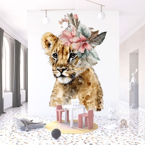 Papier peint panoramique Enfants - Lionne Fleurs - 397 cm x 255 cm (1/3)