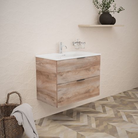 Inda - Badezimmerschrank B.80 mit glänzendem Waschbecken / Natureiche 2 Schubladen - Topazio (1/5)