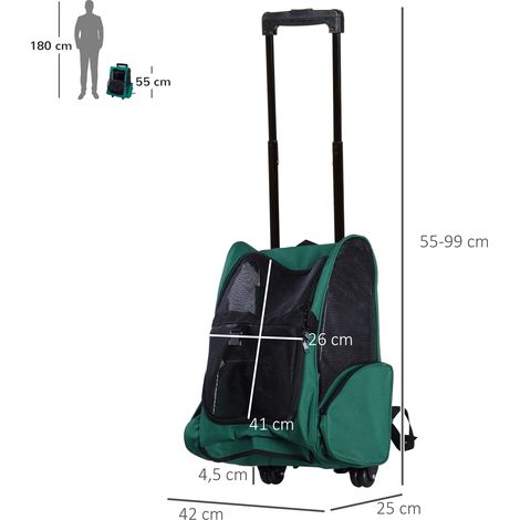 Sac à dos ou trolley de transport 2 en 1 pour chiens et chats. avec 2 roues. poignée rétractable en aluminium et poches. 42 x 25 x 55 cm. vert (1/5)