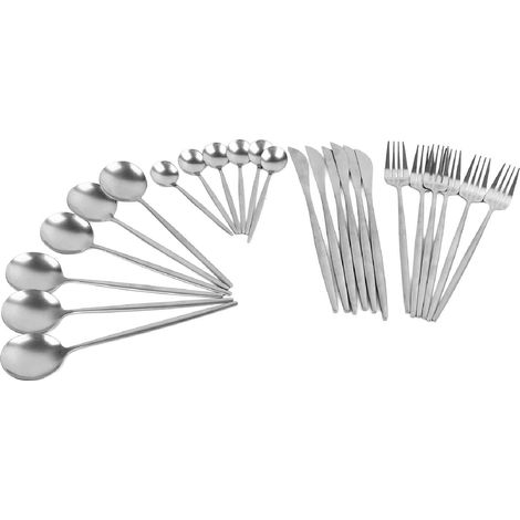 Ensemble de 24 couverts en acier inoxydable argenté style vintage artisanal pour steak : cuillères, fourchettes et couteaux.