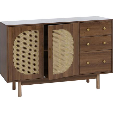 Credenza HHG-909, cassettiera armadietto, 3 cassetti vani portaoggetti, polyrattan MDF melamina 80x120x40cm, marrone (1/5)