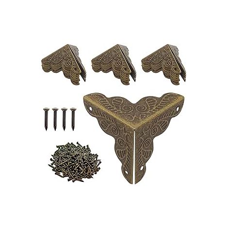 QAZQA Coin Meuble Metal Antique, Protection D'angle Bronze Antique Coin Boîte en Bois Meubles Table D'angle Décoratifs Comprend Ongles, pour Quincaillerie de Meubles LO-Ron (1/5)