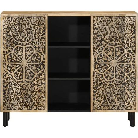 Buffet Bas en Bois de Manguier Massif, Meuble de Rangement 90x33x75 cm, Enfilade Style Rustique avec Tiroirs et Portes pour Salon, Salle à Manger ou Entrée (1/5)