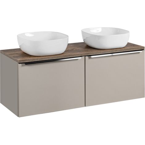 Meuble Double Vasques à poser L 120 cm x P 46 x H 48,5 cm - Taupe et poignées argentées chromées - Rosario - Livraison gratuite