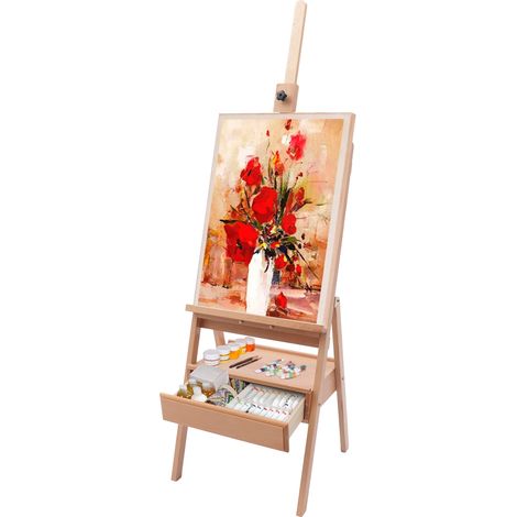 Chevalet d'atelier en bois de hêtre pliable avec tiroir, hauteur réglable de 154 à 198 cm, convient pour la peinture d'art et la publicité en extérieur, enfants et adultes (1/5)