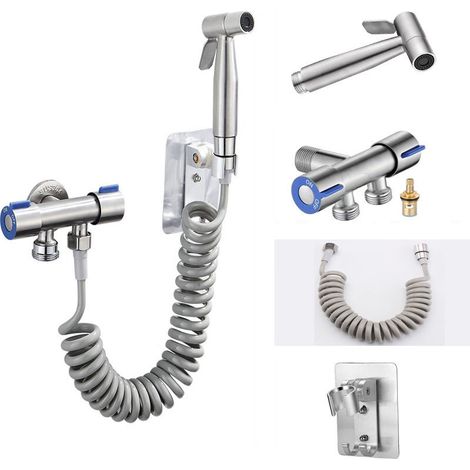 Ensemble pistolet pulvérisateur pour toilettes (pistolet pulvérisateur + tuyau 1,5 m + base sans poinçon + vanne d'angle à double commande) argent (1/5)