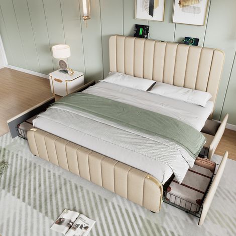 DESVIAE Lit double rembourré 180 x 200 cm avec tête de lit en lin beige ports USB et USB C 4 tiroirs de rangement structure en métal et lattes en bois Beige (1/5)