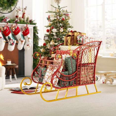 Panier Traîneau du Père Noël en Métal Traîneau de Rangement à 2 Niveaux pour Noël Chariot Décoratif Festif 85 x 42 x 61,5 cm Rouge (1/3)