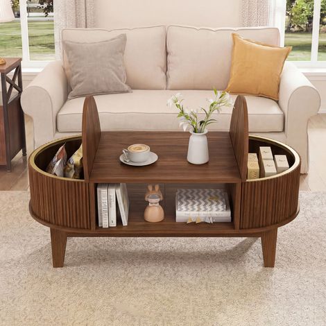 Table Basse Noyer avec Rangement Caché, Table Basse en Bois Design Arrondi, Coffres Latéraux à Couvercle, Étagère Inférieure, Plateau Résistant à l’Eau, Meuble de Salon Moderne et Vintage