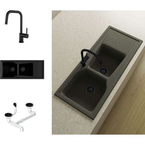 Pack Evier 2 bacs avec égouttoir POALGI City Basalt + mitigeur avec douchette + bonde noire
