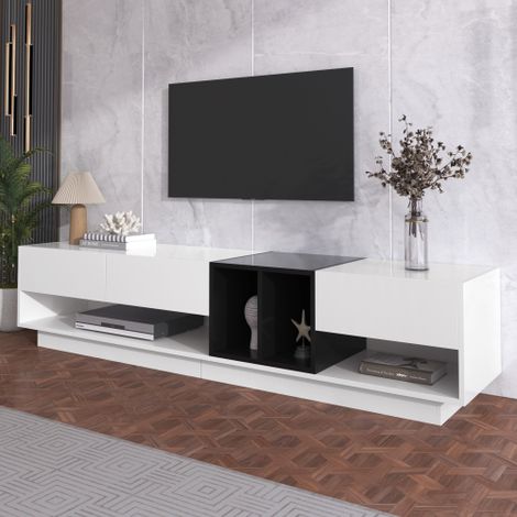 Mueble de TV blanco brillante y negro, mueble bajo para TV con diseño de bloques de color y múltiples espacios de almacenamiento, 190x40x34 cm (1/5)