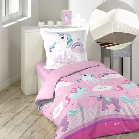Parure de lit enfant Licorne 140x200 cm – Drap housse 90x190 cm 100% coton – Fermeture boutons pression – Lavable en machine à 30° – Cdaffaires (1/4)