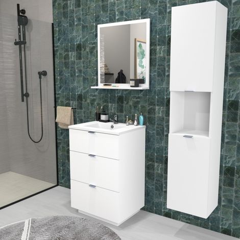 Waschbeckenunterschrank MARBELLA 60 cm + Waschbecken + Spiegel + Säule / Weiss/ (1/5)