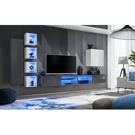Ensemble meuble TV mural Switch XXVI - L 320 x P 40 x H 150 cm - Blanc et gris - Livraison gratuite