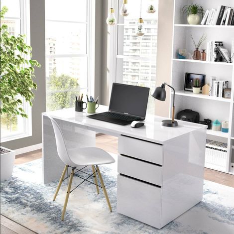 Dmora - Escritorio Lagoni, Escritorio multiusos para oficina o dormitorio, Mesa de estudio lineal con 2 cajones y 1 puerta, 139x60h75 cm, Blanco (1/5)
