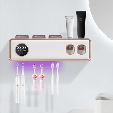 Support de désinfection pour brosses à dents à UV, avec fonction de séchage, distributeur automatique de dentifrice mural, écran tactile LED, 6 emplacements pour brosses à dents, blanc (1/5)