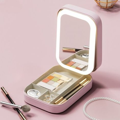 1 multifunktionaler, pinkfarbener Kosmetikspiegel mit LED-Beleuchtung und Kosmetiktasche (1/4)
