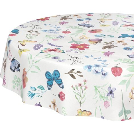 Nappe en Toile cirée Lavable, Facile d'entretien, imperméable, Effet Lotus, pour Table de Jardin, Motif Papillons, Ronde, 140 cm, Bord coupé (1/5)