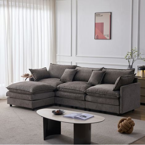 Divano angolare 3 posti in chenille grigio con pouf mobile, modulare (1/5)
