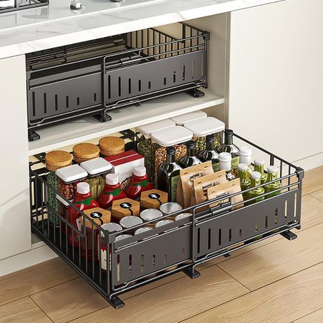 Rangement Sous évier,Organiseur de Cuisine,Étagère, Porte-épices,Panier Coulissant en métal,pour Cuisine, Salle Bain,Chambre ((31-49 cm et 32-51 cm) Noir) (31-49 Cm Cm) Noir
