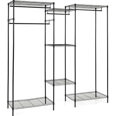 COSTWAY Stand Appendiabiti, Mobile Convertibile per Abiti con Installazione a L e Orizzontale, Appendiabiti con 7 Ripiani Regolabili in Filo Metallico e 4 Bastoni Appendiabiti, Portata 530 kg (Nero)