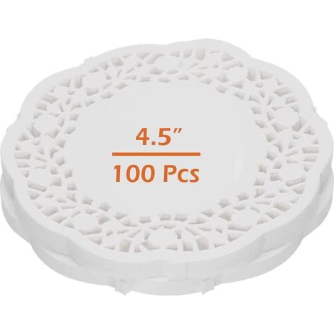 Dentelle Napperons Papier,100 PCS Napperon Papier Rond Décoratif Blanc Gâteau Emballage TamponJetable Sous-verres pour Desserts Biscuits Produits Mariages Fête D'anniversaire Décoration 4.5" (1/5)