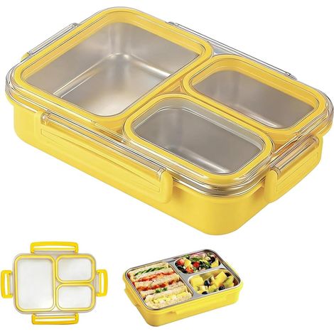 Bento Lunch Box, Boite Repas 800 ml Lunch Box Inox 3 Compartiments (Jaune) (1/5)