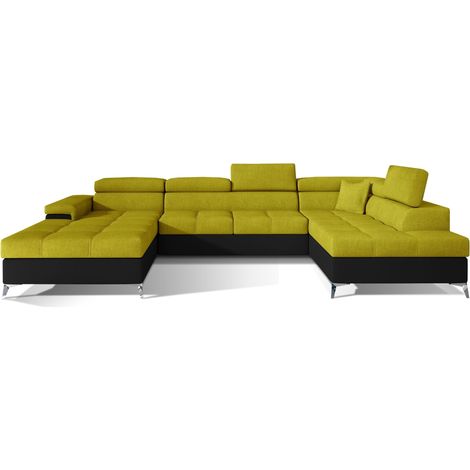 Canapé panoramique convertible KUTTY - Rangement et appuie-têtes réglables à droite-Noir/Jaune olive-Coffre à droite (1/5)