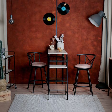 Lot de 2 chaises de bar 58x48x86 cm en tissu marron et métal noir