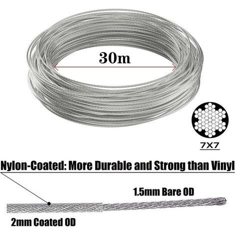 30m Corde en Acier Inoxydable à Suspendre Kit,2mm Câble en acier inoxydable revêtu avec Tendeur et Crochets,pour Suspension Lumineuse,plante grimpante,corde a linge,rideau pergola,ram (1/4)