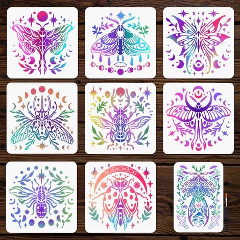 9 pochoir Réutilisable Représentant des Insectes et des Phases de Lune des Papillons des Scarabées pour Peindre Dessiner avec un Pinceau pour Décorer des Murs Meubles Papier Albums Photo (1/5)