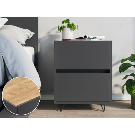 Nachttisch Yako 50cm 2 SoftClose-Einzüge stehend Grafit und Eiche Top