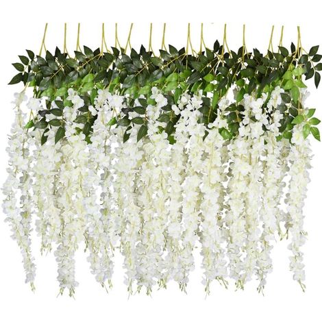 Ghirlanda di fiori artificiali in rattan, 12 pezzi, 110 cm, per feste, matrimoni, decorazioni per la casa, bianca