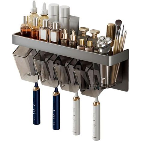 Porte-brosses à dents mural avec boîte de rangement, pour salle de bain, rangement gain de place sur le plan de travail, grande capacité, accessoires de rangement pour salle de bain (1/5)