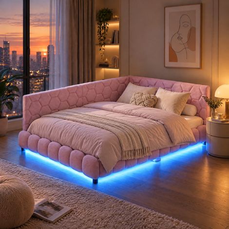 JOOKGBD- Canapé-lit 140x200 cm, Lit double tapissier avec 16 couleurs LED et prise USB, Lit pour adolescent, Lit de jour pour salon chambre, Velours, Rose (1/5)