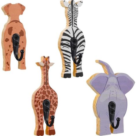 Set aus 4 hölzernen Wandhaken mit Tiermotiven (Elefant, Giraffe, Zebra, Hund), dekorative Haken für Kleidung, Kinderzimmer und Inneneinrichtung. (1/5)