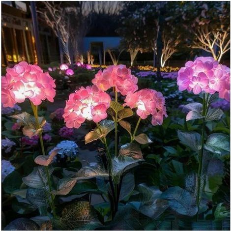 Lampe solaire décorative Hortensia rose pour allée, patio et jardin - Tige ajustable (1/5)
