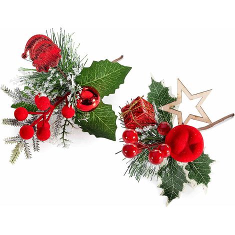 Rametti pick di pino innevato con bacche rosse e decoro natalizio e stella in legno, set da 16 pezzi, cm 12 H (con gambo 20)